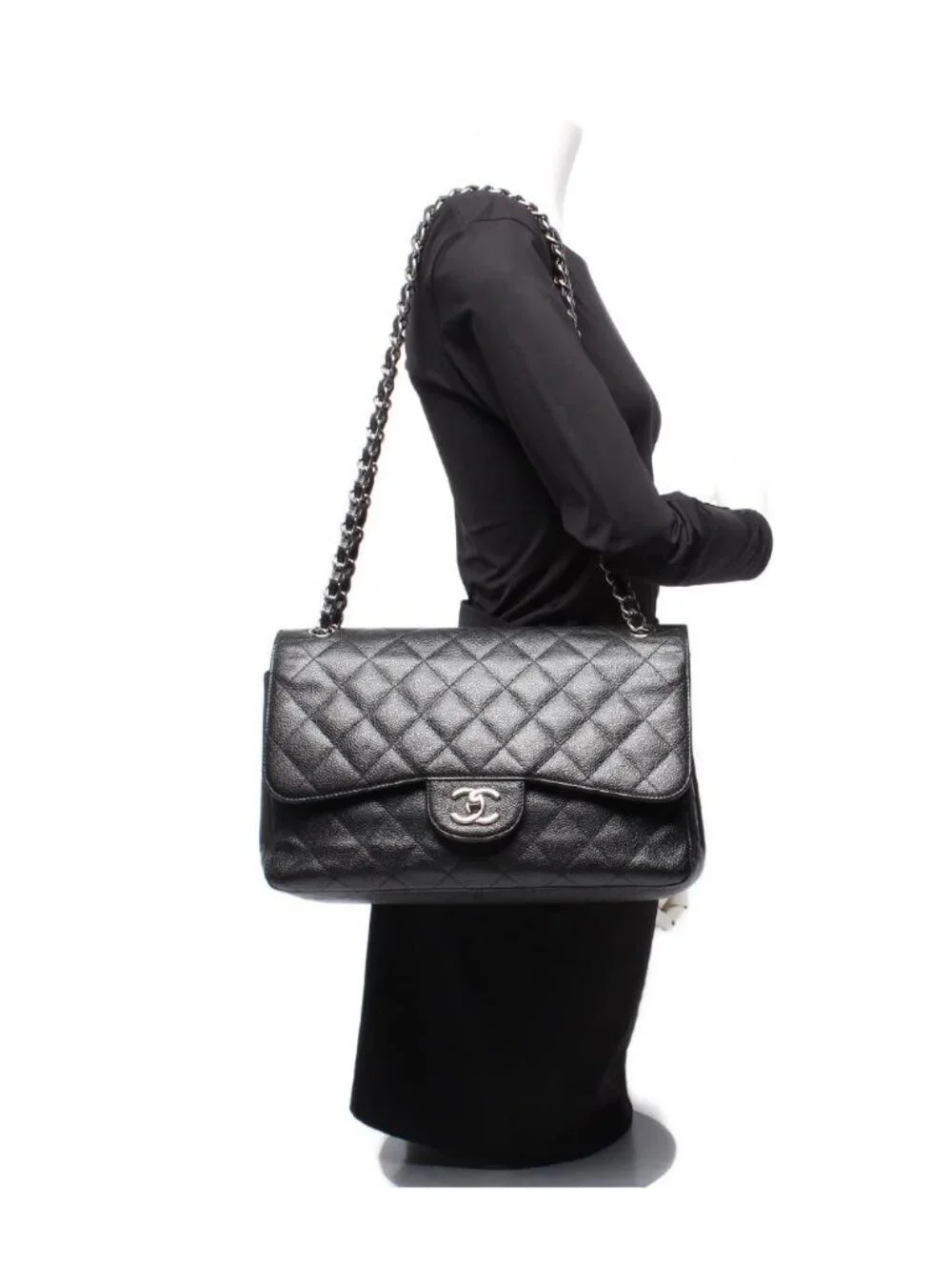 Chanel Chain Shoulder Bag Double Flap Silver Caviar Leather 16 Maxi Quilted 30